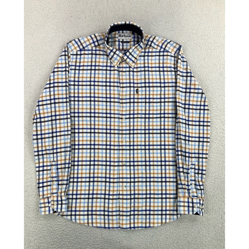Barbour Shirt Mens Large Blue Tan Albert Plaid Tailored Fit LS Button Up
